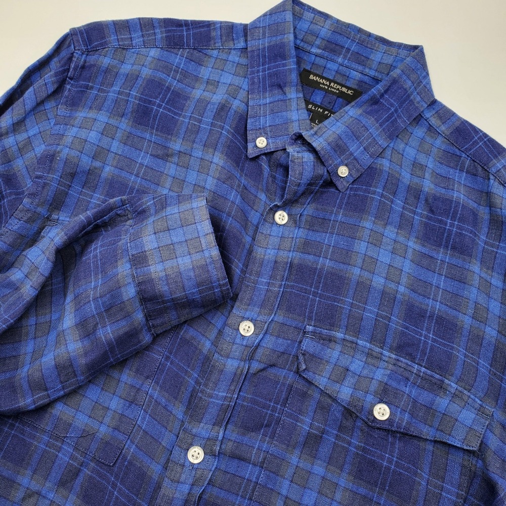 Banana Republic Men's Slim Fit Blue Plaid Linen Button Down Shirt Large‎ flaw